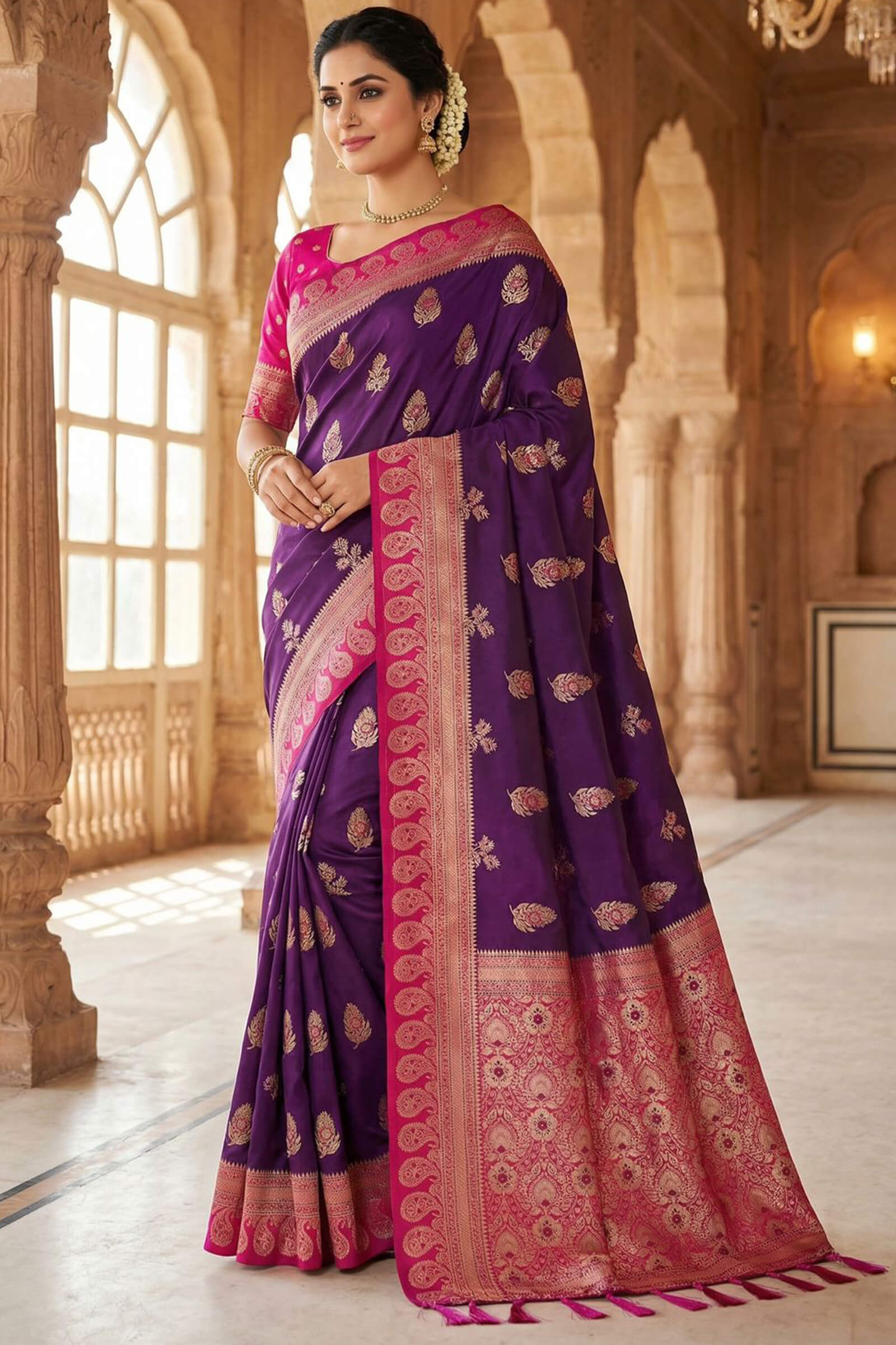 Glamorous Purple Pure Zari Weaving Banarasi Silk Saree With Epiphany Blouse Piece