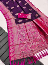 Glamorous Purple Pure Zari Weaving Banarasi Silk Saree With Epiphany Blouse Piece