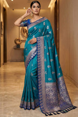 Blooming Rama Pure Zari Weaving Banarasi Silk Saree With Comely Blouse Piece