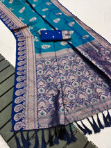 Blooming Rama Pure Zari Weaving Banarasi Silk Saree With Comely Blouse Piece