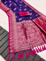 Scintillating Royal Blue Pure Zari Weaving Banarasi Silk Saree With Luminous Blouse Piece