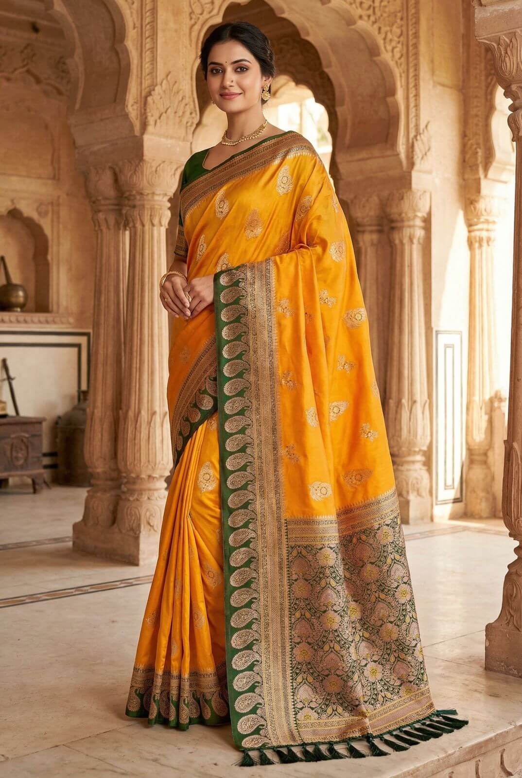 Quintessential Yellow Pure Zari Weaving Banarasi Silk Saree With Snazzy Blouse Piece