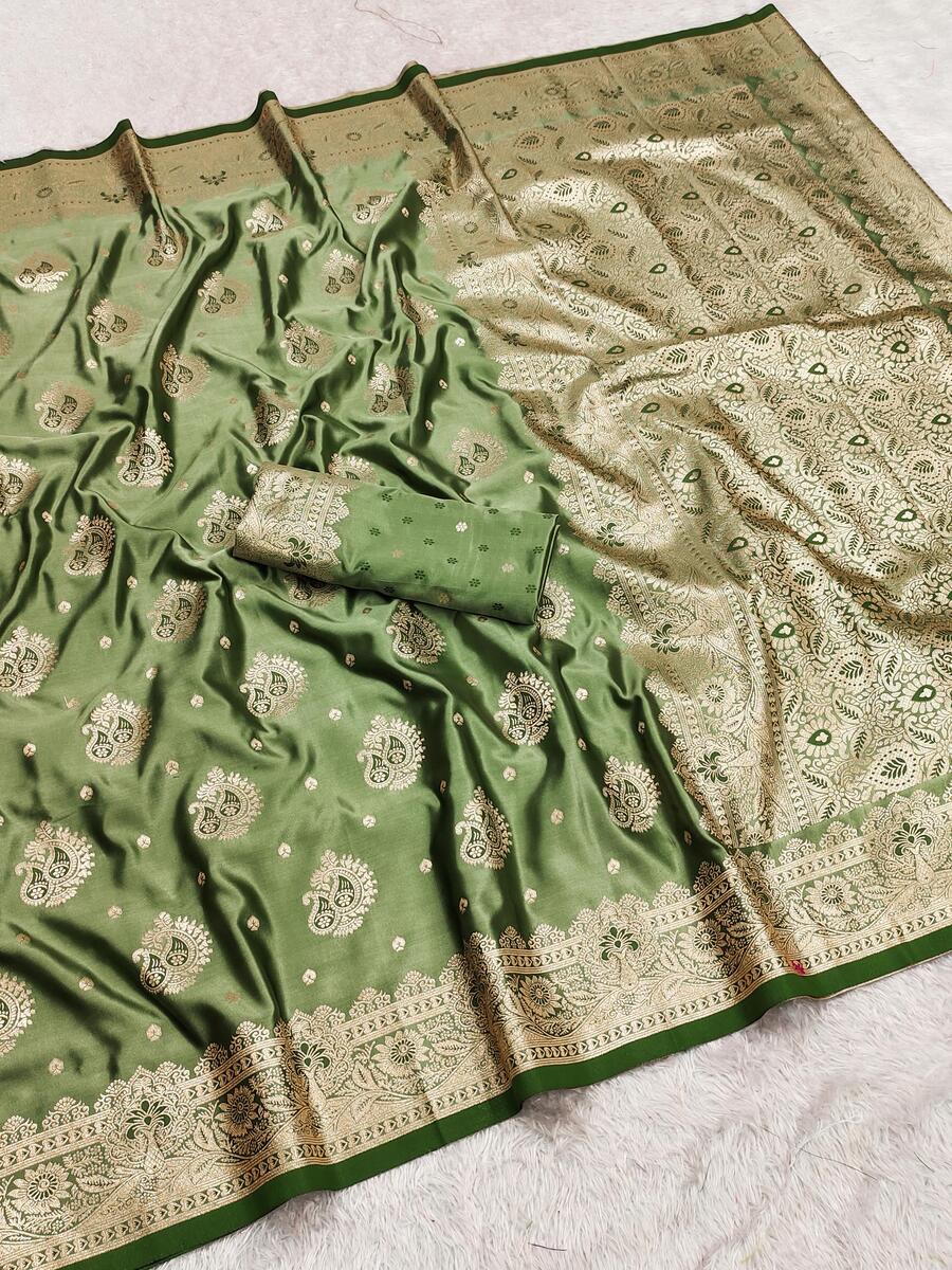 Precious Green Banarasi Satin Silk Saree With Blissful Blouse