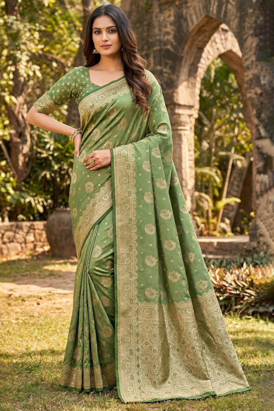 Precious Green Banarasi Satin Silk Saree With Blissful Blouse