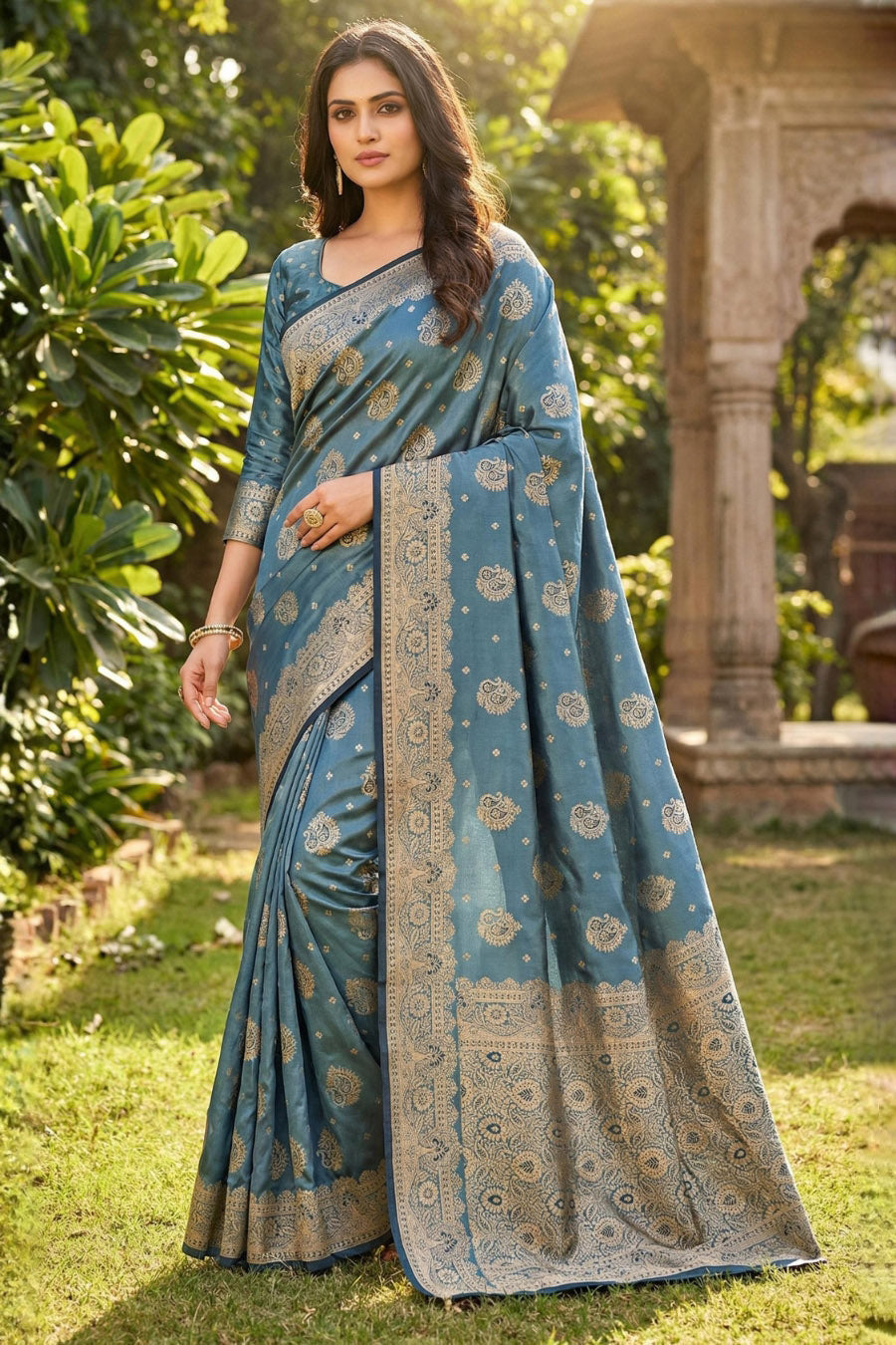 Nebula Grey Banarasi Satin Silk Saree With Rhapsody Blouse