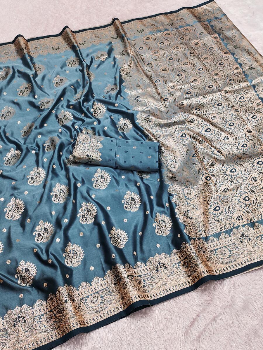 Nebula Grey Banarasi Satin Silk Saree With Rhapsody Blouse