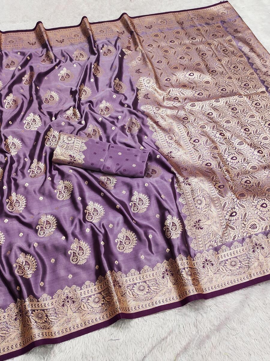 Charming Lavender Banarasi Satin Silk Saree With Charismatic Blouse