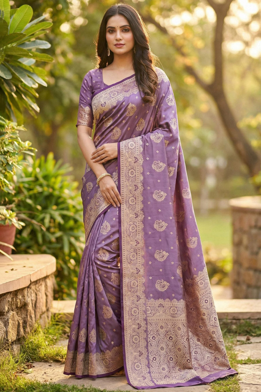 Charming Lavender Banarasi Satin Silk Saree With Charismatic Blouse