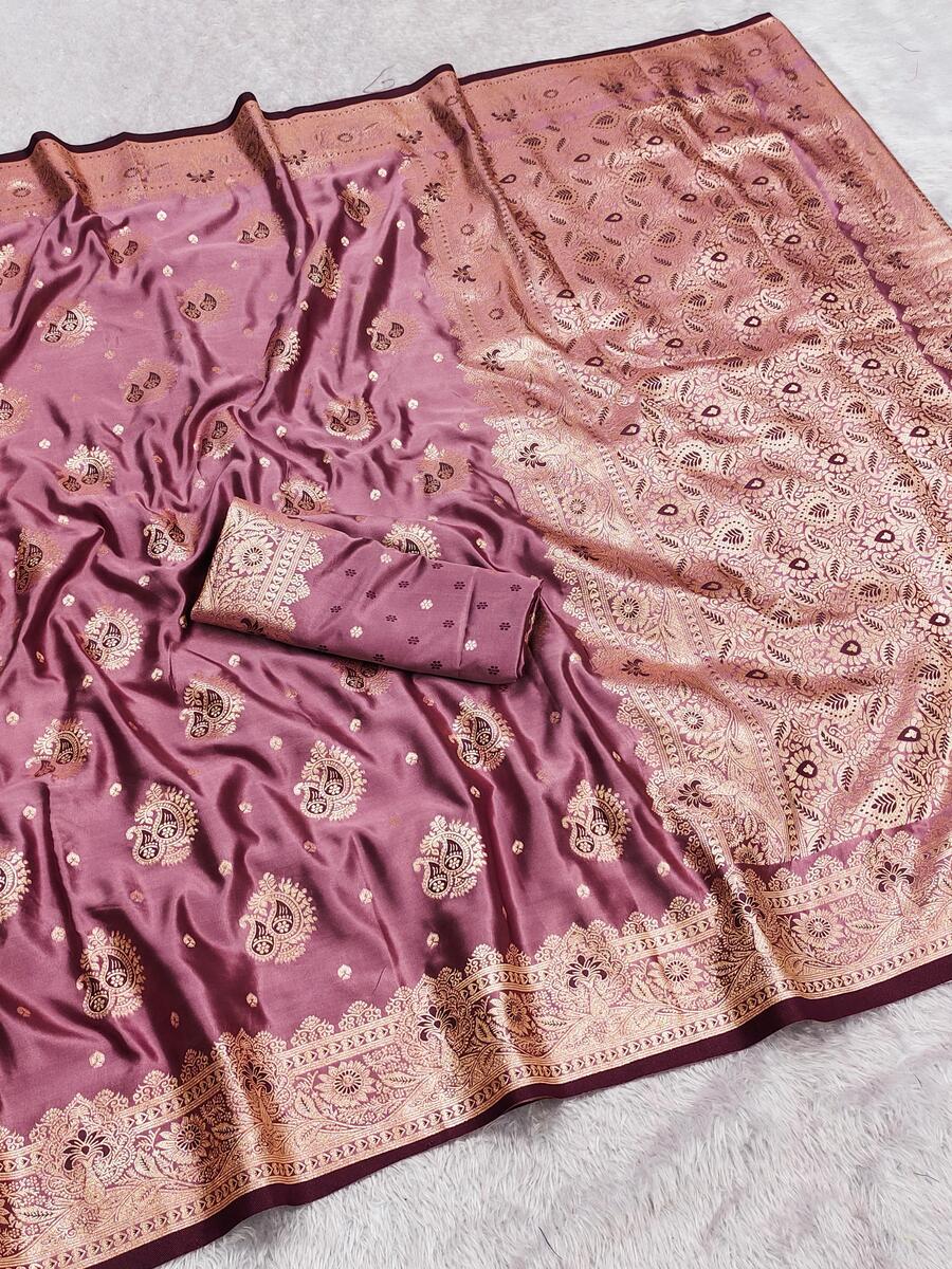 Enchanting Pink Banarasi Satin Silk Saree With Dissemble Blouse