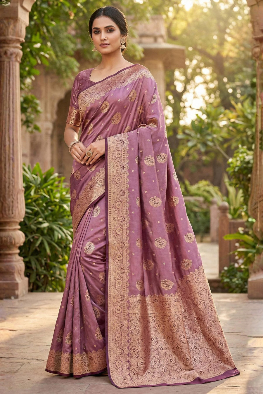 Enchanting Pink Banarasi Satin Silk Saree With Dissemble Blouse