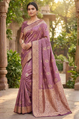 Enchanting Pink Banarasi Satin Silk Saree With Dissemble Blouse