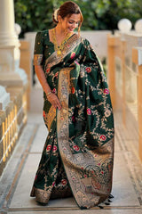 Designer Dark Green Soft Banarasi Silk Saree With Surpassing Blouse Piece