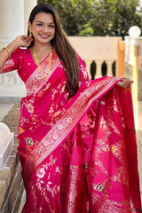 Adorable Dark Pink Soft Banarasi Silk Saree With Blissful Blouse Piece