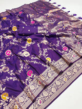 Demesne Purple Soft Banarasi Silk Saree With Palimpsest Blouse Piece
