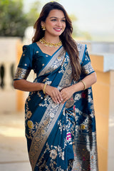 Effulgent Teal Blue Soft Banarasi Silk Saree With Embellished Blouse Piece