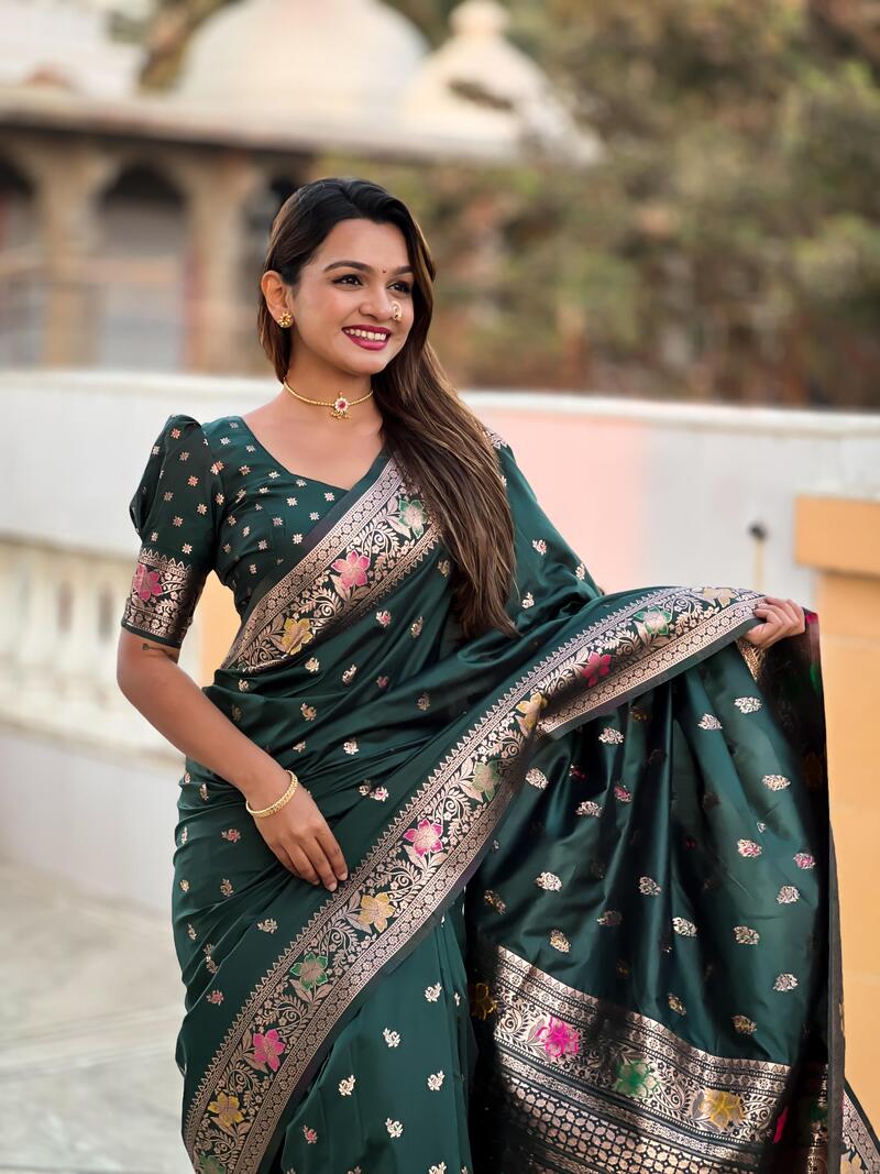 Gossamer Dark Green Soft Banarasi Silk Saree With Lagniappe Blouse Piece