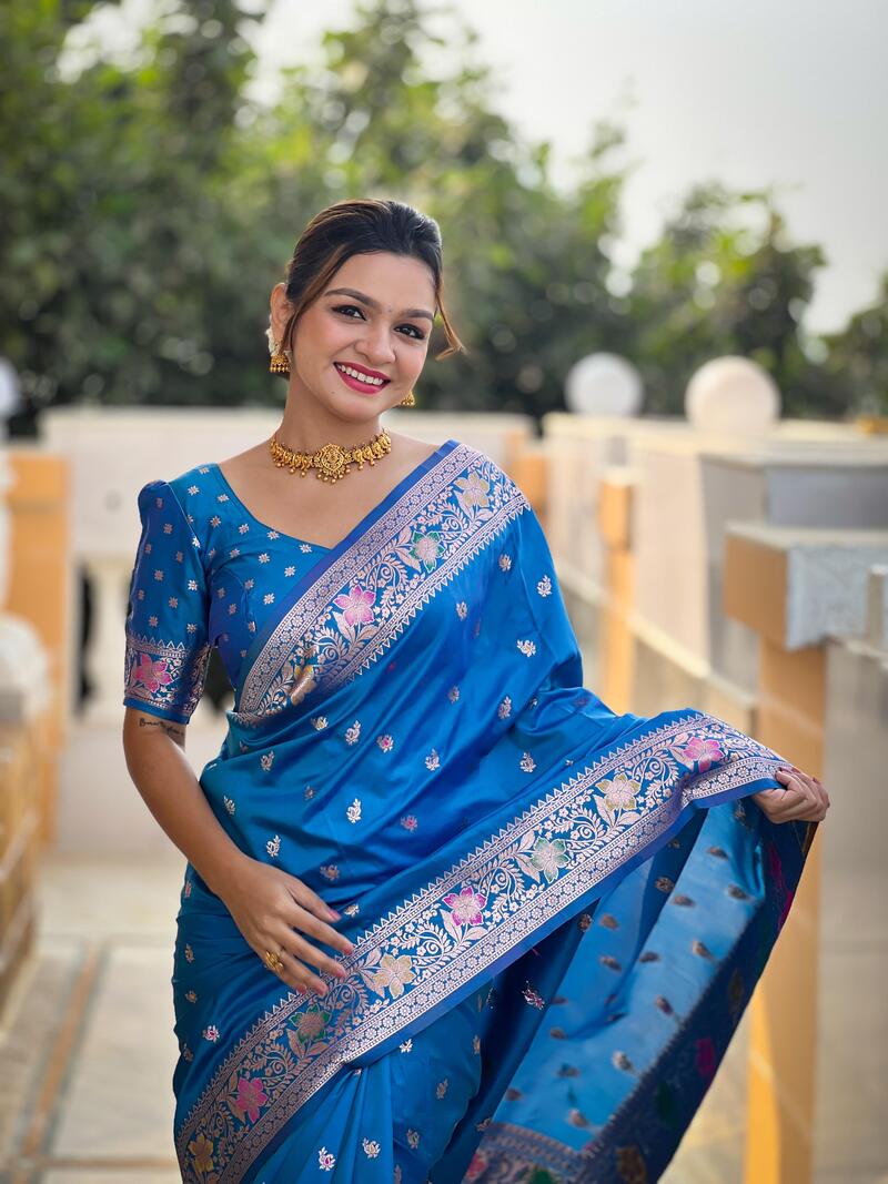 Palimpsest Firozi Soft Banarasi Silk Saree With Smashing Blouse Piece