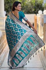 Divine Rama Soft Banarasi Silk Saree With Conflate Blouse Piece