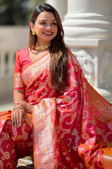 Bucolic Red Soft Banarasi Silk Saree With Conflate Blouse Piece