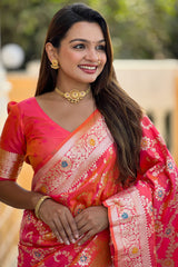 Bucolic Red Soft Banarasi Silk Saree With Conflate Blouse Piece