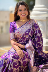 Evocative Royal Purple Soft Banarasi Silk Saree With Moiety Blouse Piece
