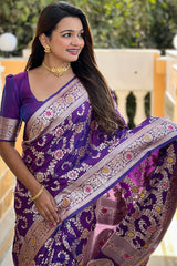 Evocative Royal Purple Soft Banarasi Silk Saree With Moiety Blouse Piece