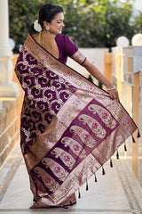 Surreptitious Wine Soft Banarasi Silk Saree With Engaging Blouse Piece