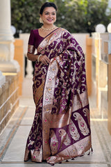 Surreptitious Wine Soft Banarasi Silk Saree With Engaging Blouse Piece