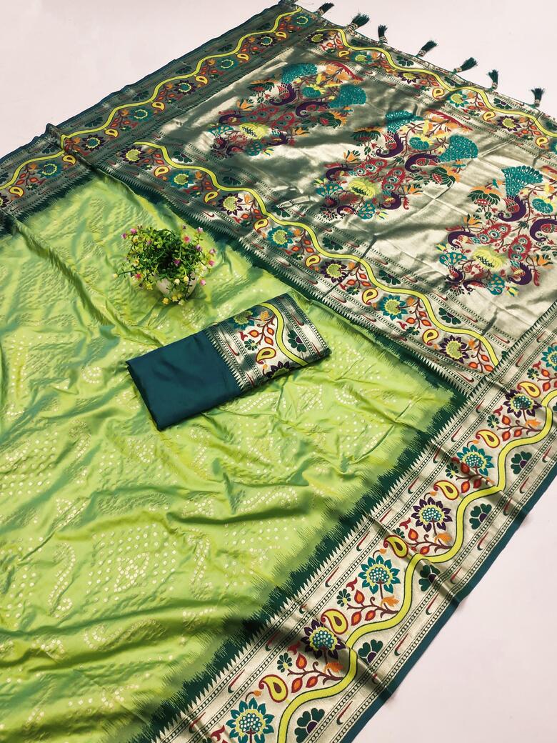 Artistic Pista Paithani Silk Saree With Tempting Blouse Piece