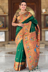 Smashing Dark Green Paithani Silk Saree With Seraglio Blouse Piece