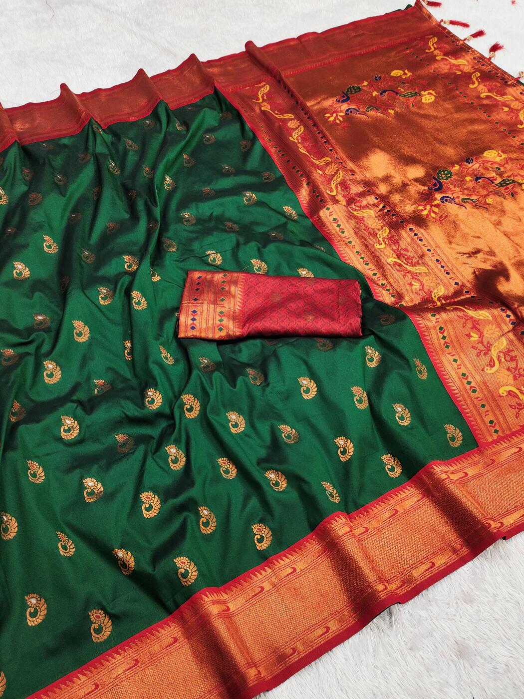 Flattering Dark Green Paithani Silk Saree With Lovely Blouse Piece