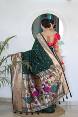 Breathtaking Dark Green Paithani Silk Saree With Majesty Blouse Piece