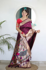 Invaluable Wine Paithani Silk Saree With Mesmerising Blouse Piece