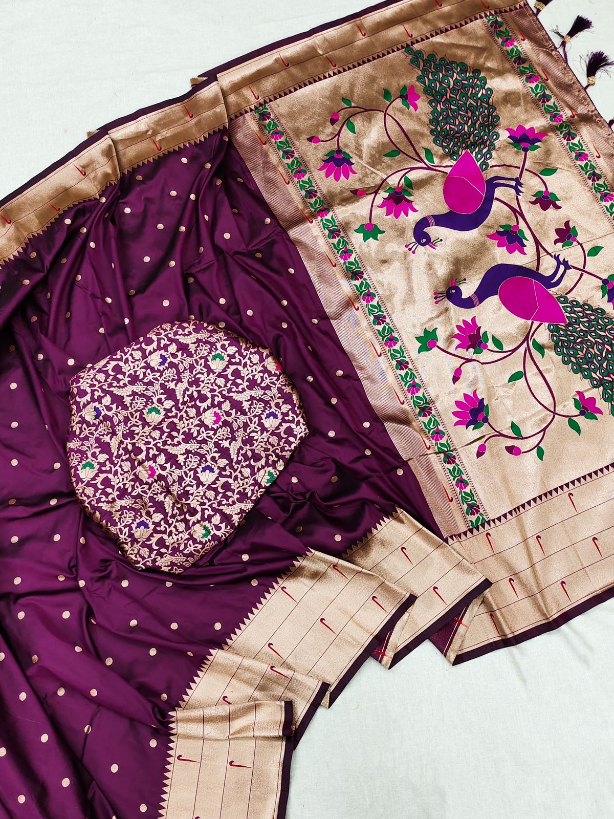 Invaluable Wine Paithani Silk Saree With Mesmerising Blouse Piece