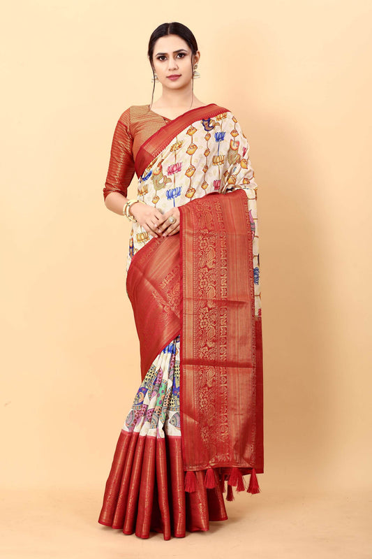 Dissemble Beige Kalamkari Printed Saree With Sempiternal Blouse Piece