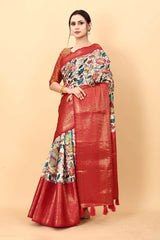 Amiable Beige Kalamkari Printed Saree With Symmetrical Blouse Piece