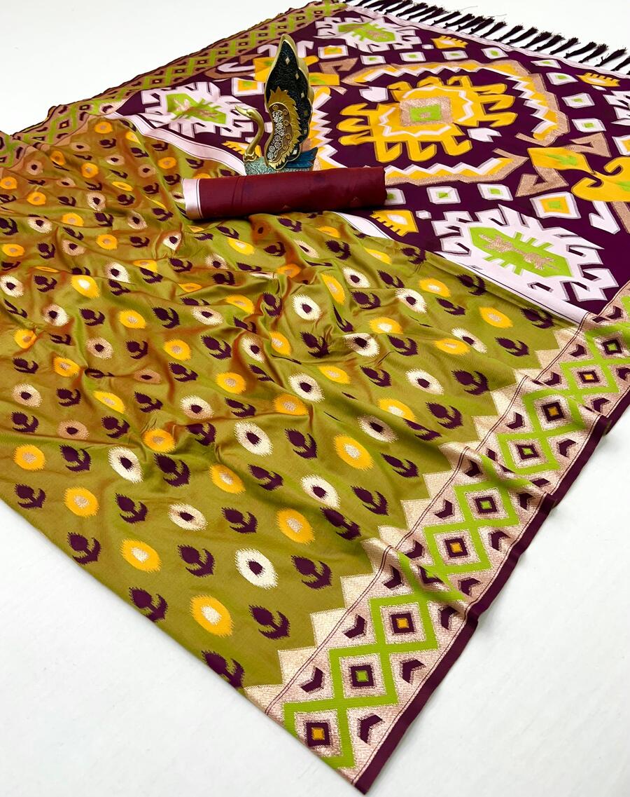 Prodigal Mehndi Soft Banarasi Ikkat Saree With Luxuriant Blouse Piece