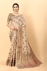 Ailurophile Beige Linen Silk Saree With Sizzling Blouse Piece