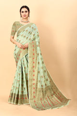 Bucolic Pista Linen Silk Saree With Sizzling Blouse Piece