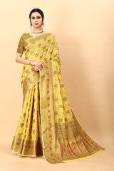 Conflate Yellow Linen Silk Saree With Sizzling Blouse Piece