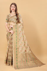 Blissful Beige Linen Silk With Stylish Blouse Piece