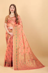 Flamboyant Peach Linen Silk With Stylish Blouse Piece