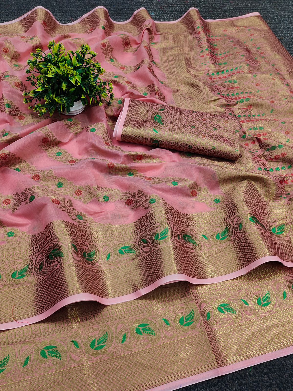 Preferable Pink Linen Silk With Stylish Blouse Piece