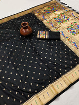 Capricious Black Paithani Silk Saree With Ethnic Blouse Piece