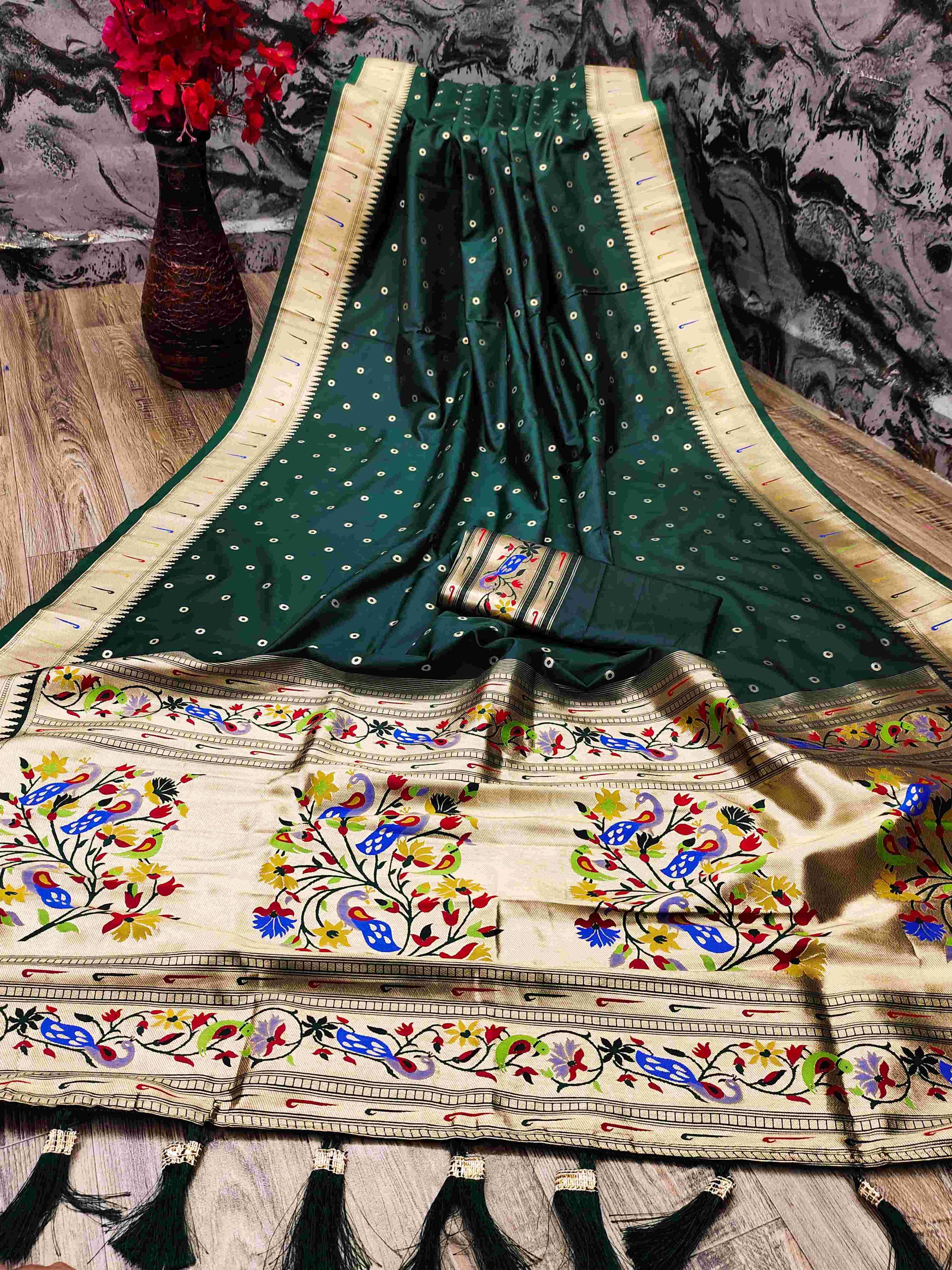 Outstanding Dark Green Paithani Silk Saree With Ethnic Blouse Piece