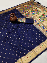 Deserving Navy Blue Paithani Silk Saree With Ethnic Blouse Piece
