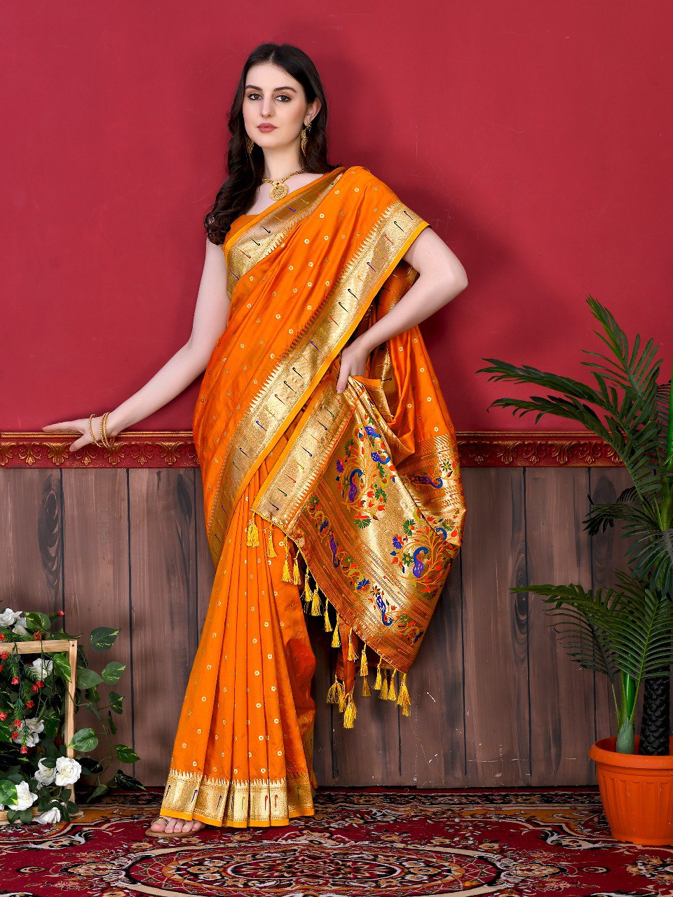 Charming Orange Paithani Silk Saree With Ethnic Blouse Piece