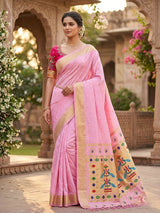 Traditional Baby Pink Paithani Silk Saree With Handwork Blouse Piece