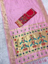 Traditional Baby Pink Paithani Silk Saree With Handwork Blouse Piece