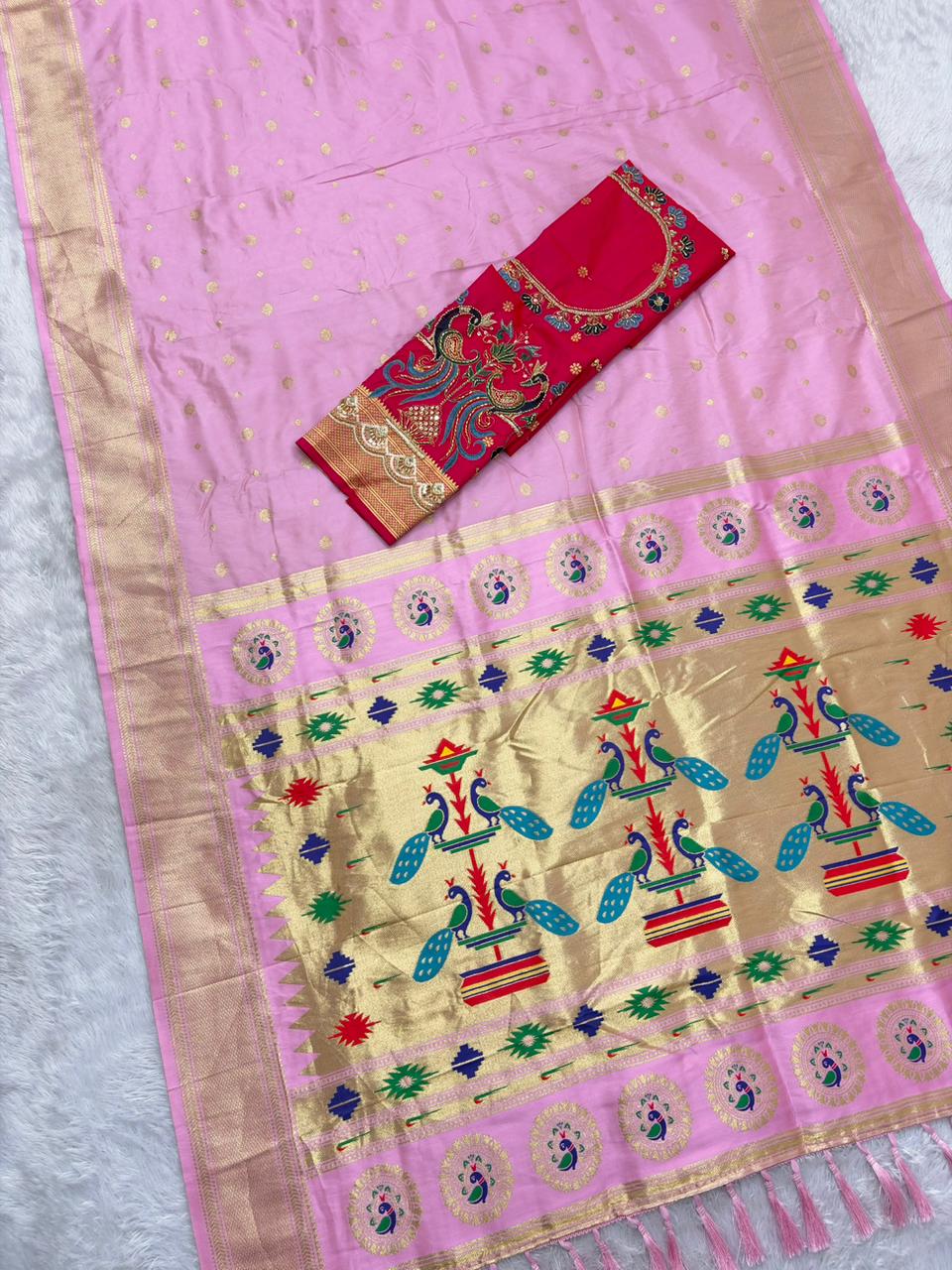 Traditional Baby Pink Paithani Silk Saree With Handwork Blouse Piece